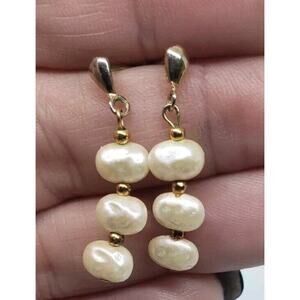 Vintage Faux Pearl Earrings Triplr Long Dangle Freshwater Gold Plated Beads